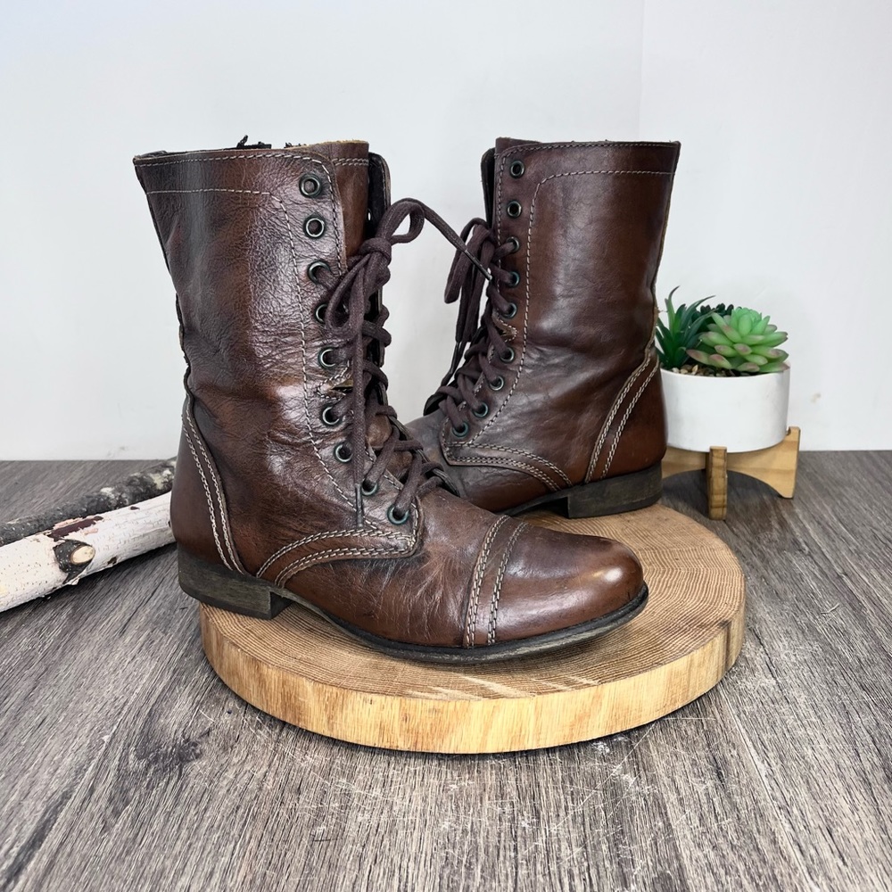 Steve Madden | Troopa Brown Leather Moto Lace Boots Size 8.5
